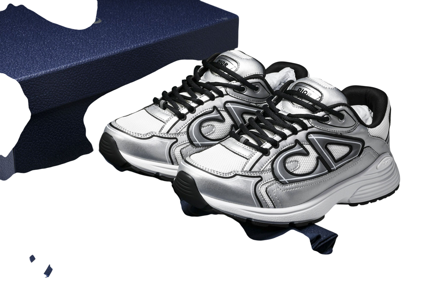 Dior B30 White Mesh Silver-Tone Metallic Calfskin Sneakers - Men's Luxury Streetwear Shoes