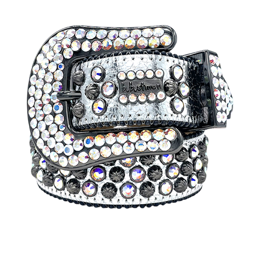B B Simon Lavasan Silver Crystal Embellished Leather Belt Dazzling Luxury Accessory