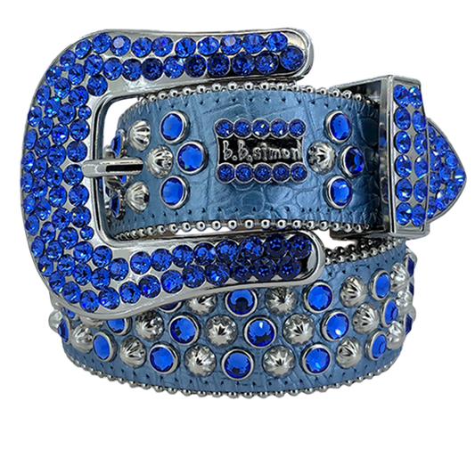 B B Simon Blue Lavasan Crystal Studded Leather Designer Fashion Belt